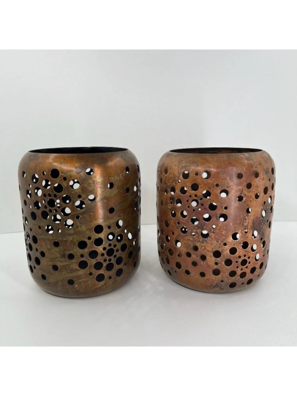 Set of 2 Pierced Copper Metal Candle Holders Votive Lanterns Rustic Decor